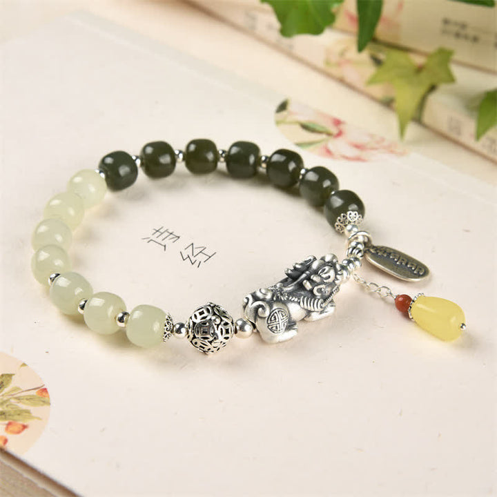 925 Sterling Silver Natural Hetian Jade Amber PiXiu Luck Bracelet - image 4