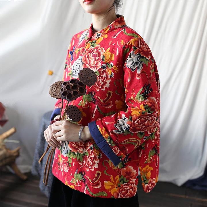 Buddha Stones Flowers Cotton Linen Jacket Shirt Chinese Northeast Style Winter Clothing