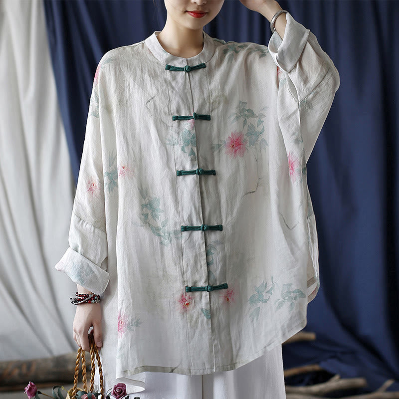 Buddha Stones White Red Flowers Green Leaves Frog-Button Long Sleeve Ramie Linen Jacket Shirt