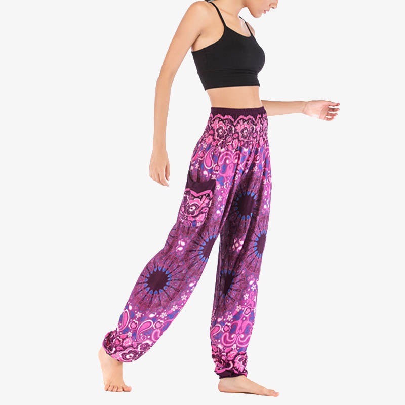 Buddha Stones Geometric Mandala Pattern Loose Harem Trousers High Waist Women's Yoga Pants