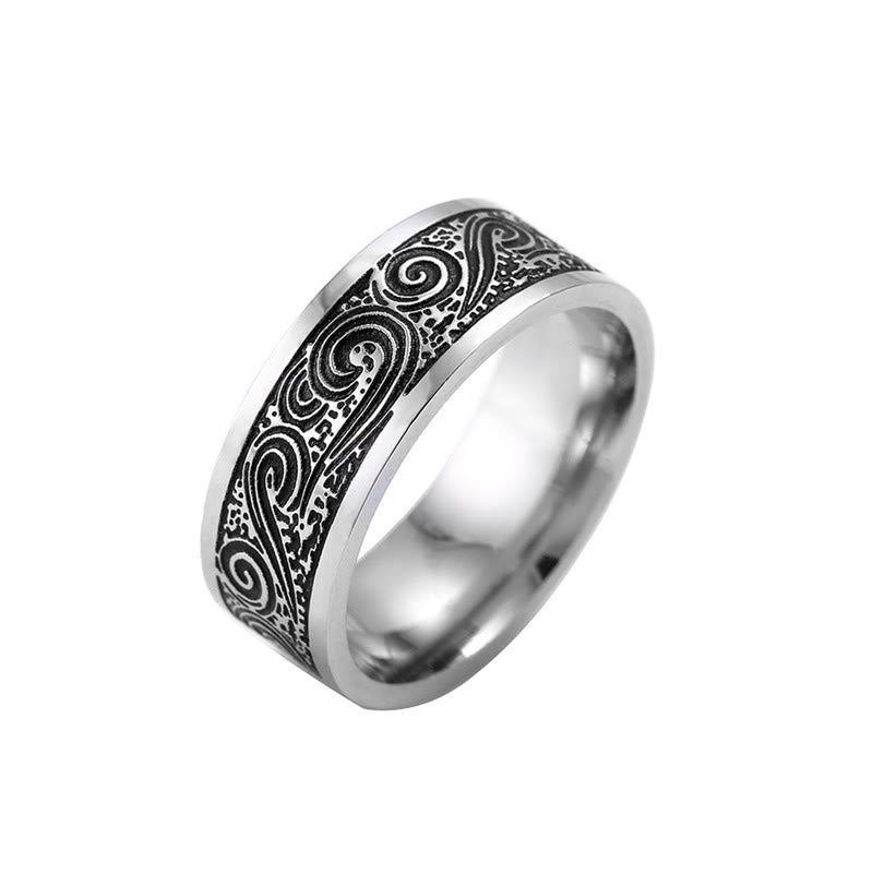 Vintage Wave Auspicious Clouds Engraved Pattern Titanium Steel Balance Ring