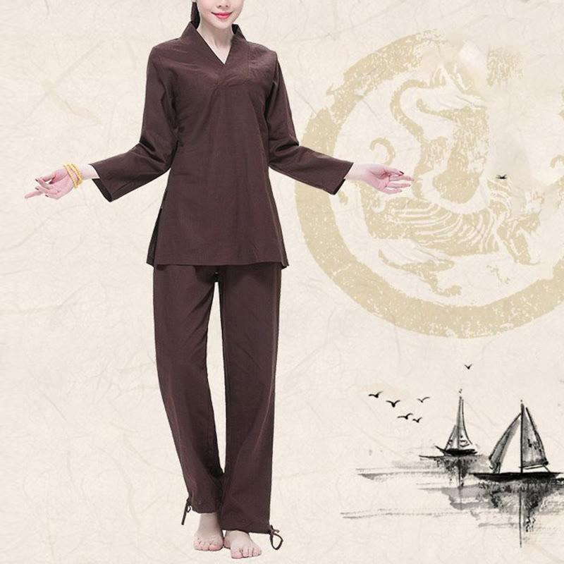 Buddha Stones Zen Practice Yoga Meditation Prayer V-neck Design Uniform Cotton Linen Clothing Women's Set - image 14