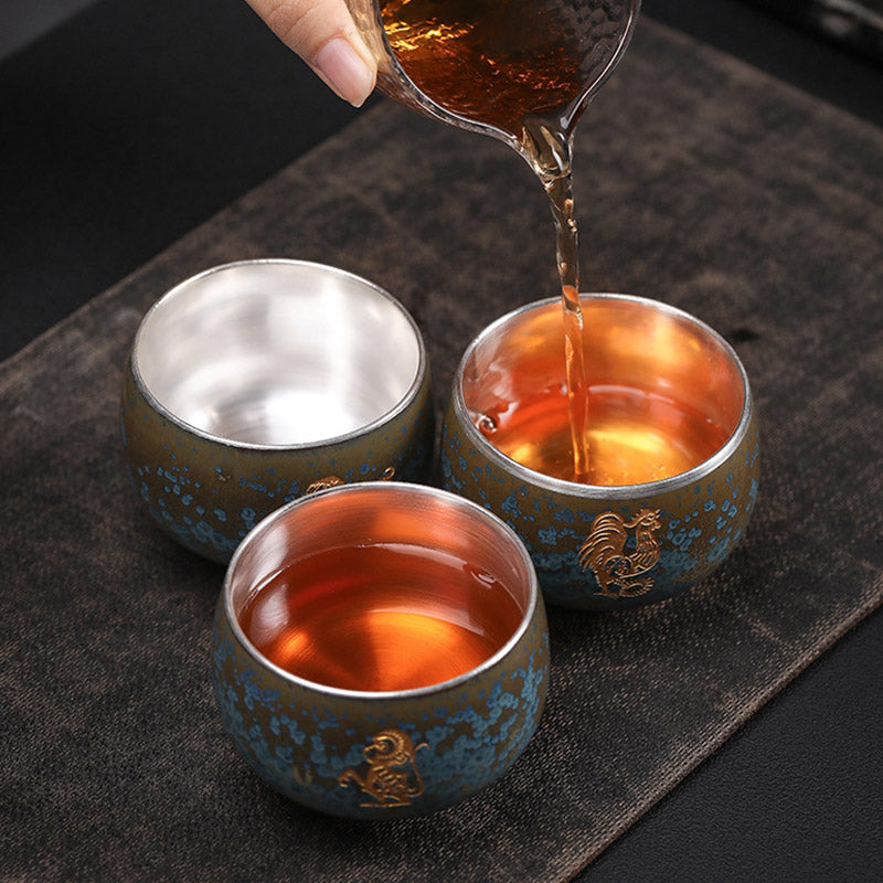 Buddha Stones 999 Gilt Silver Gilt Chinese Zodiac Ceramic Teacup Kung Fu Tea Cup 160ml