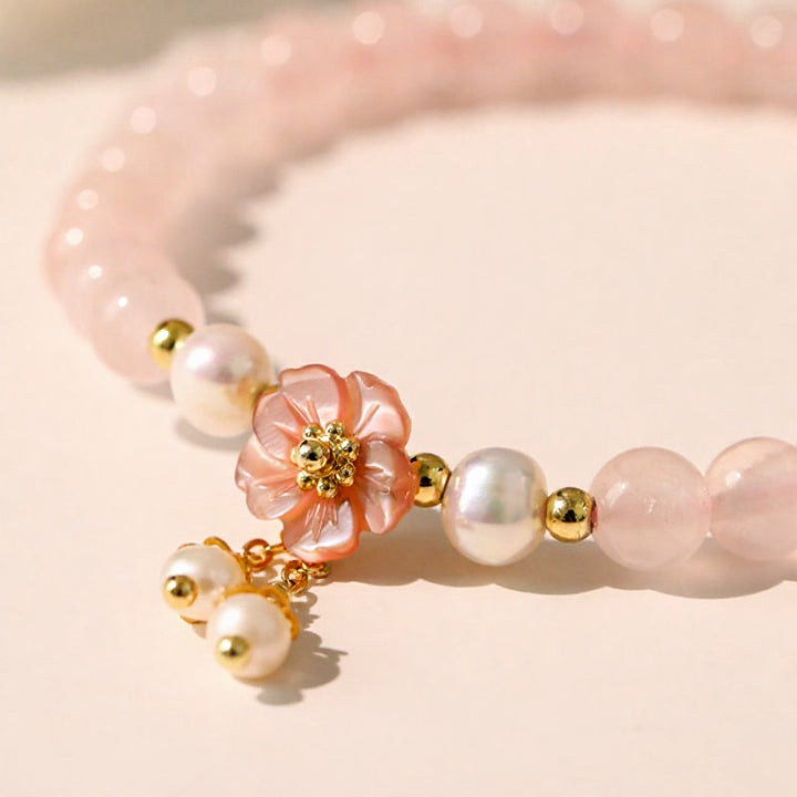 Buddha Stones Rose Quartz Pearl Flower Charm Love Bracelet - image 4