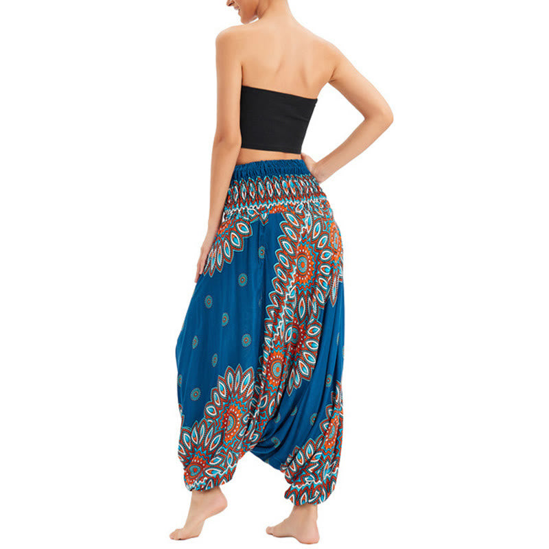 Buddha Stones Two Style Wear Sunflower Loose Smocked Harem Trousers Jumpsuit High Waist Pants