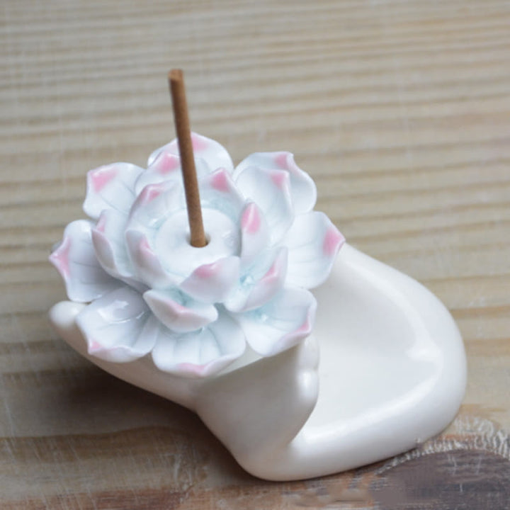 Buddha Stones Small Ceramic Lotus Hand Healing Meditation Incense Burner Decoration - image 3
