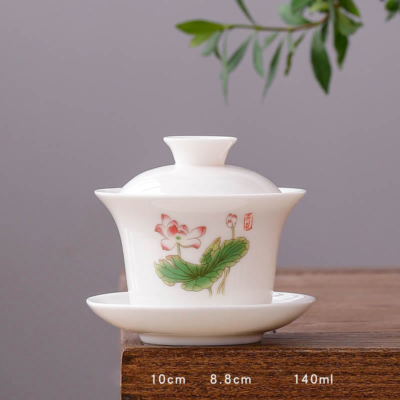 Buddha Stones White Porcelain Mountain Landscape Countryside Ceramic Gaiwan Teacup Kung Fu Tea Cup And Saucer With Lid