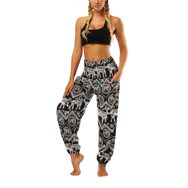 Buddha Stones Boho Loose Geometric Elephant Pattern Harem Trousers Women's Yoga Pants