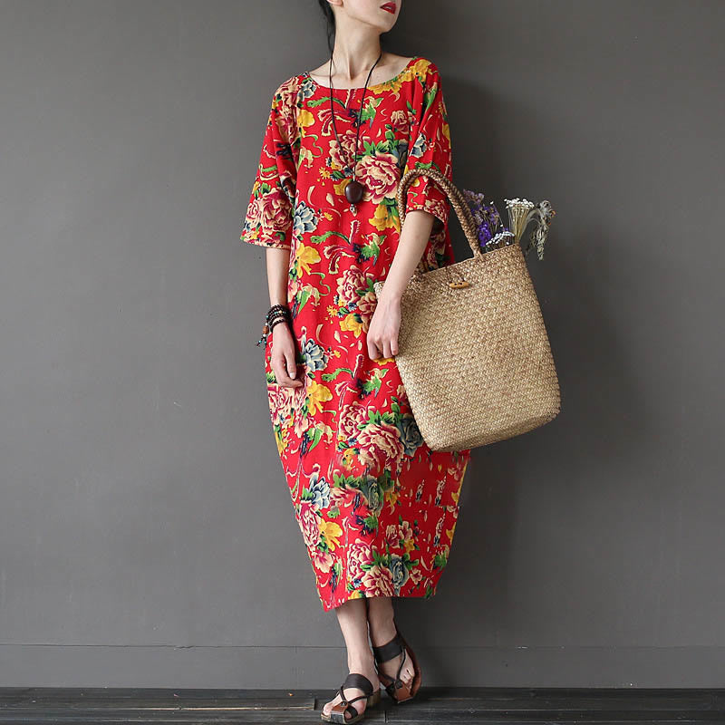 Buddha Stones Red Peony Flowers Printed Midi Dress Half Sleeve Cotton Linen Dress