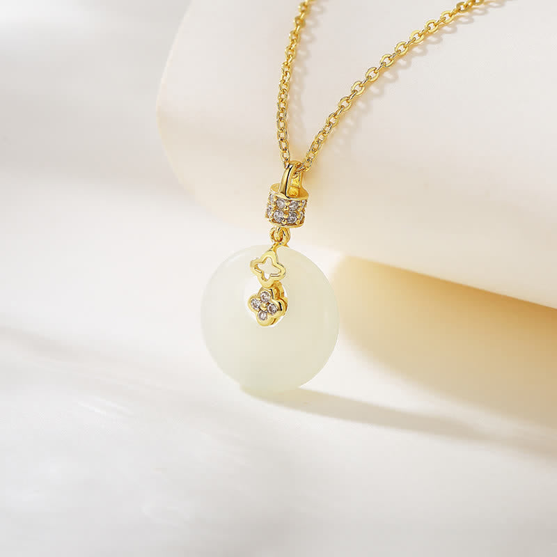 925 Sterling Silver Hetian White Jade Coin Flower Peace Buckle Luck Necklace Pendant - Flower White Jade - image 5