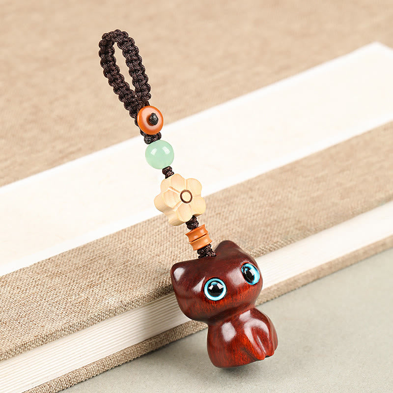 Buddha Stones Mini Small Leaf Red Sandalwood Ebony Wood Lucky Cat Lovely Kitty Peace Key Chain Phone Hanging Decoration - Key Chain - Small Leaf Red Sandalwood Cat - image 11