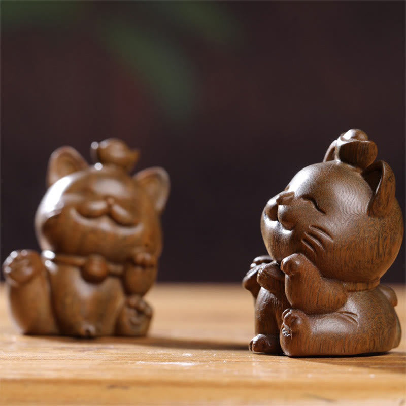 Buddha Stones Mini Green Sandalwood Ingot Lucky Cat Carved Peace Desk Decorations - image 18