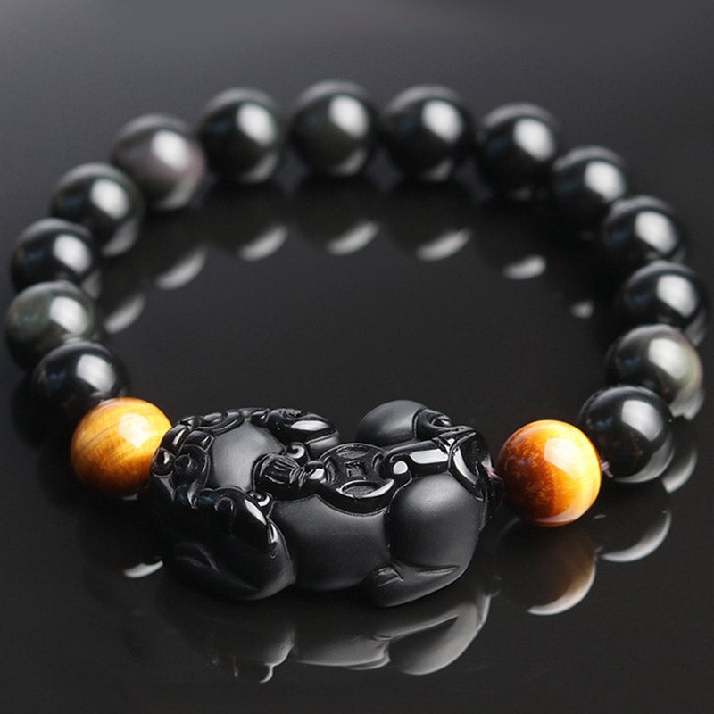 Buddha Stones FengShui PiXiu Rainbow Obsidian Tiger Eye Wealth Bracelet