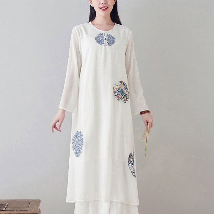 Buddha Stones Embroidery Long Sleeve Midi Dress Meditation Spiritual Zen Practice