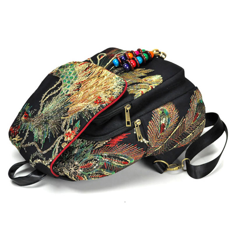 Peacock Embroidery Canvas Tassel Backpack