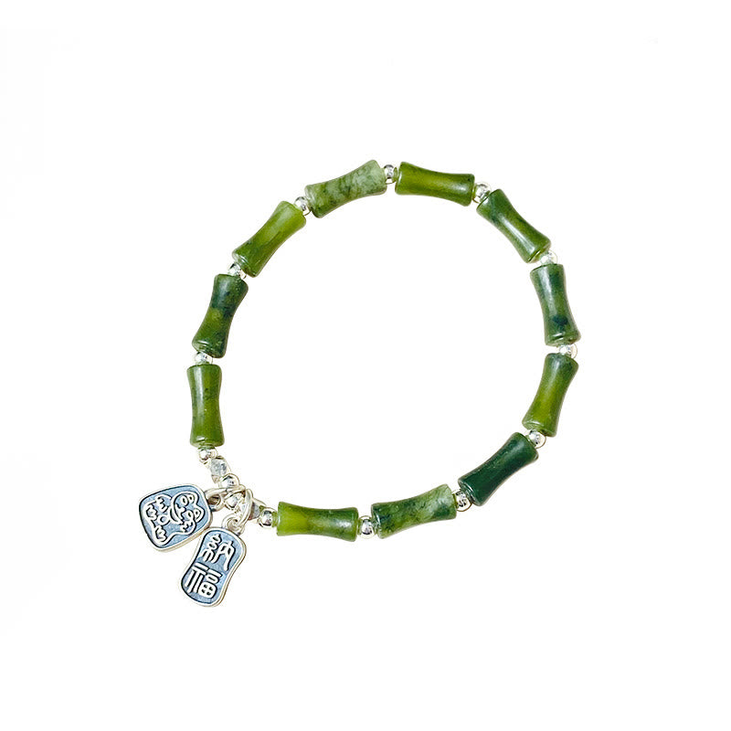 Buddha Stones 925 Sterling Silver Bamboo Jade Lucky Cat Fu Character Luck Abundance Bracelet - image 17