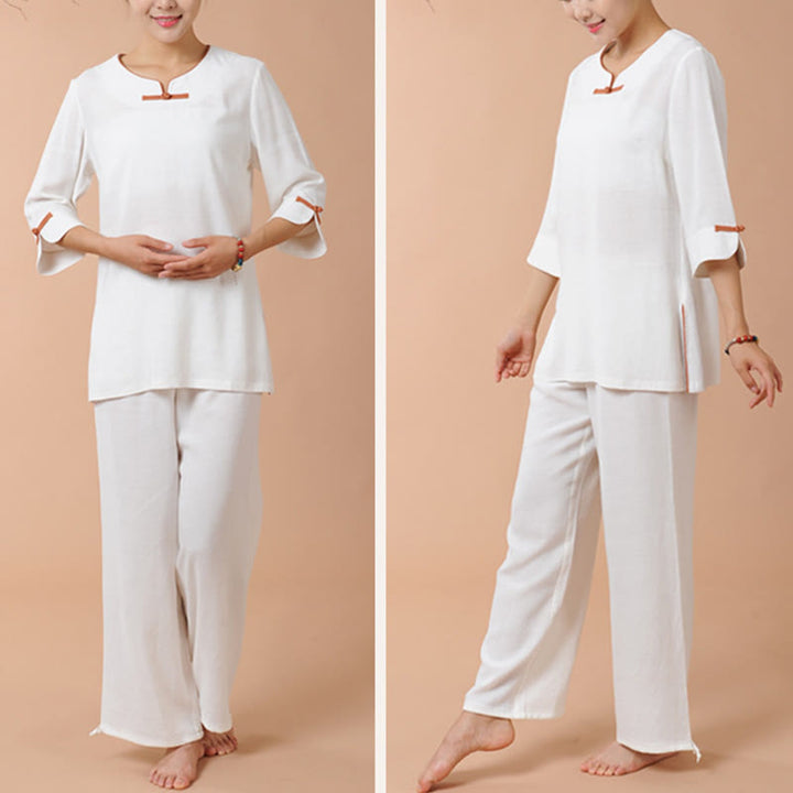 Buddha Stones 2Pcs Frog-Button Three Quarter Sleeve Shirt Top Pants Meditation Zen Tai Chi Linen Clothing Women's Set