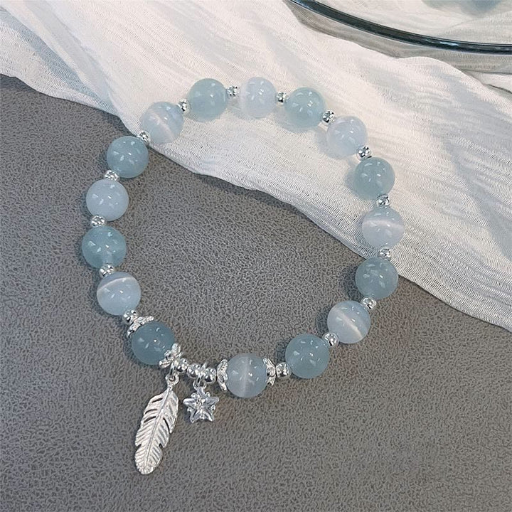 Buddha Stones 925 Sterling Silver Aquamarine Cat's Eye Healing Feather Star Charm Bracelet - image 1