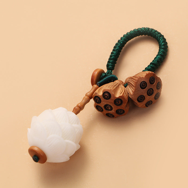 Buddha Stones Lotus Natural White Bodhi Seed Peach Wood Luck Keychain Decoration - image 2
