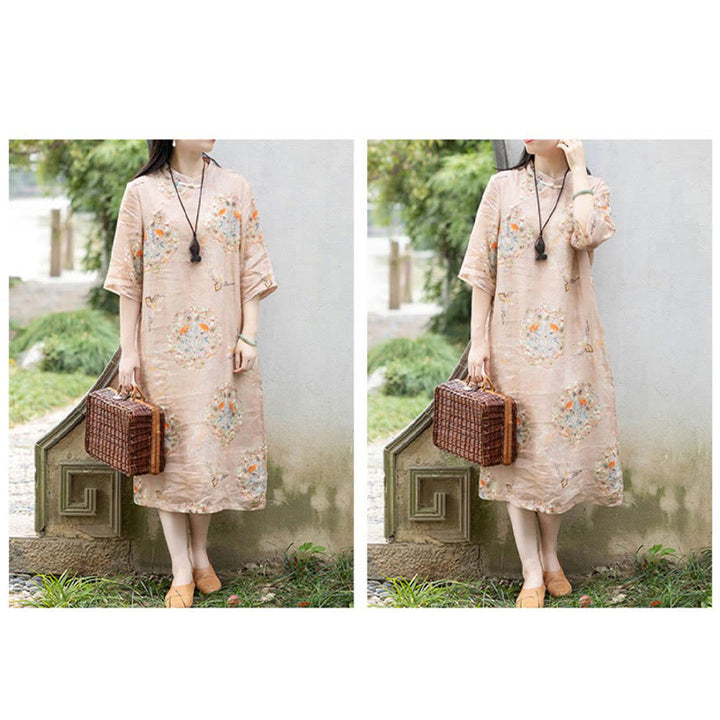 Buddha Stones Orange Flower Bird Print Cheongsam Midi Dress Cotton Linen Half Sleeve Dress With Pockets