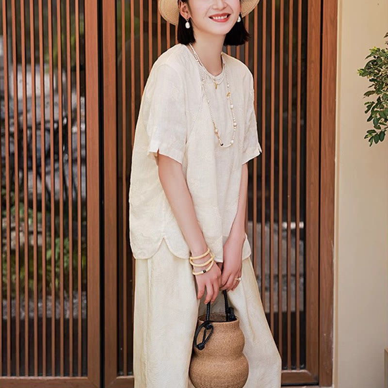 Buddha Stones Ramie Linen Loose Blouse Short Sleeve Shirt Chinese Style Top