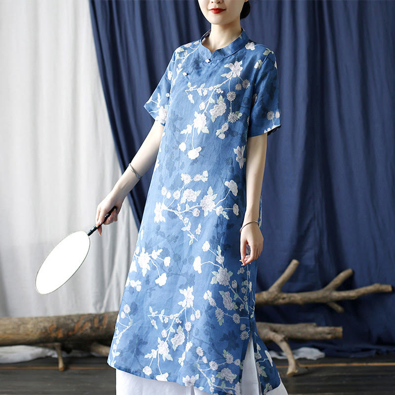 Buddha Stones Ramie Linen Blue White Flowers Branches Cheongsam Dresses Short Sleeve Dress