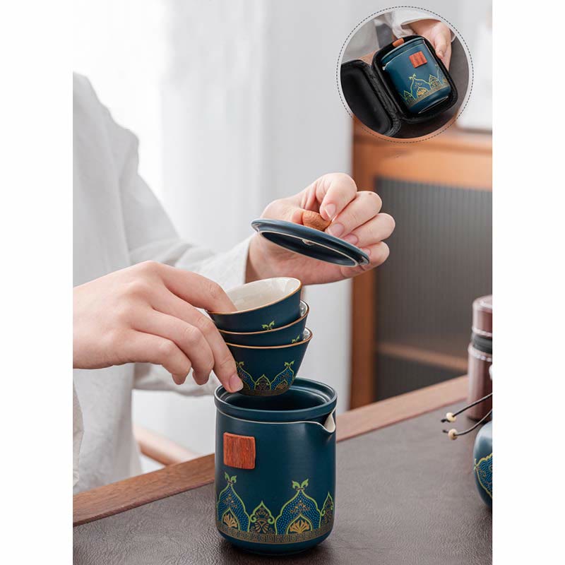 Flower Chinese Gongfu Ceramic Teapot Portable Outdoor Travel Tea Set Bag