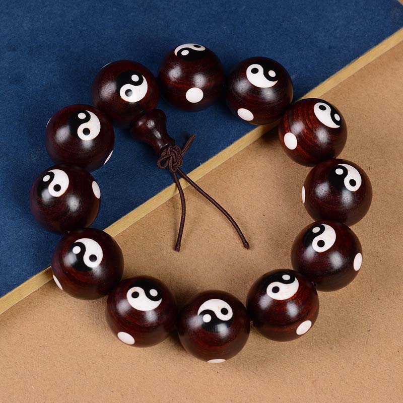 Buddha Stones Small Leaf Red Sandalwood Yin Yang Protection Bracelet