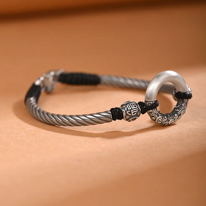 Buddha Stones 999 Sterling Silver Fu Character Peace Buckle Copper Coin Auspicious Clouds Fortune Bracelet - image 7