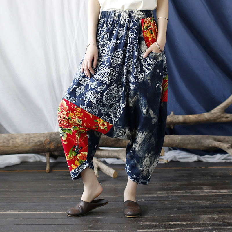 Buddha Stones Blue Red Peony Flowers Patchwork Cotton Linen Harem Pants With Pockets