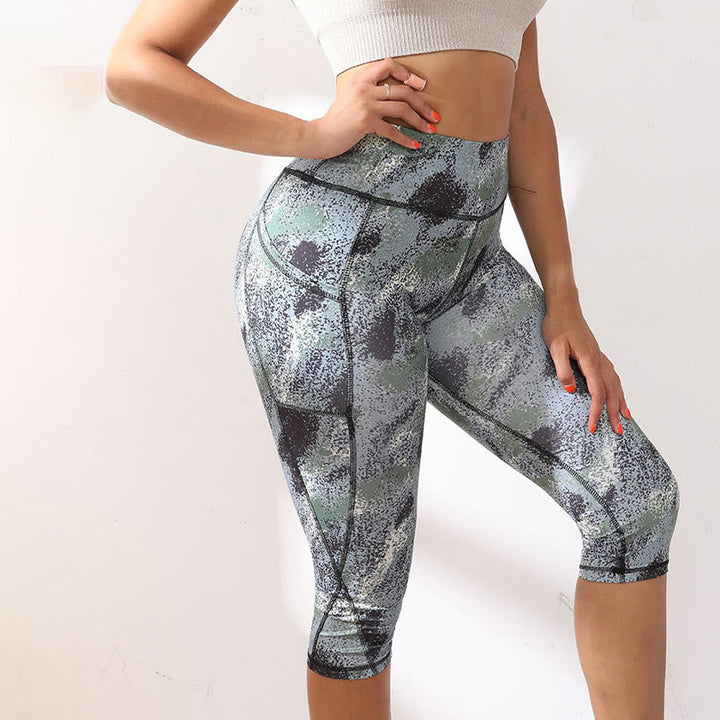 Buddha Stones Camo Print Solid Color Sports Yoga High Waist Leggings Women's Yoga Capri Pants