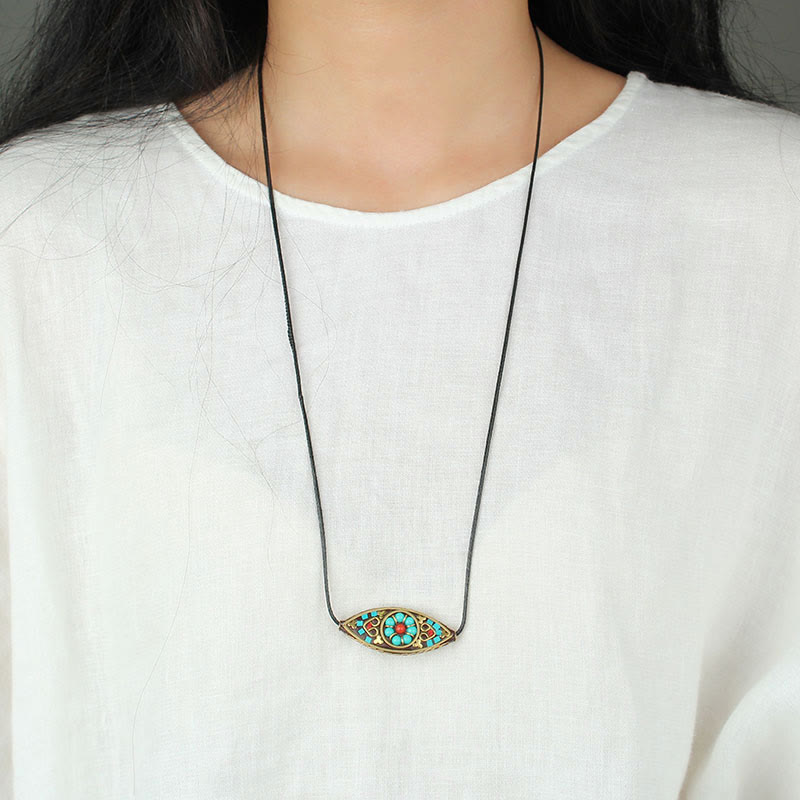 Buddha Stones Tibet Turquoise Bead Marquise Pattern Protection Strength Necklace Pendant - image 8