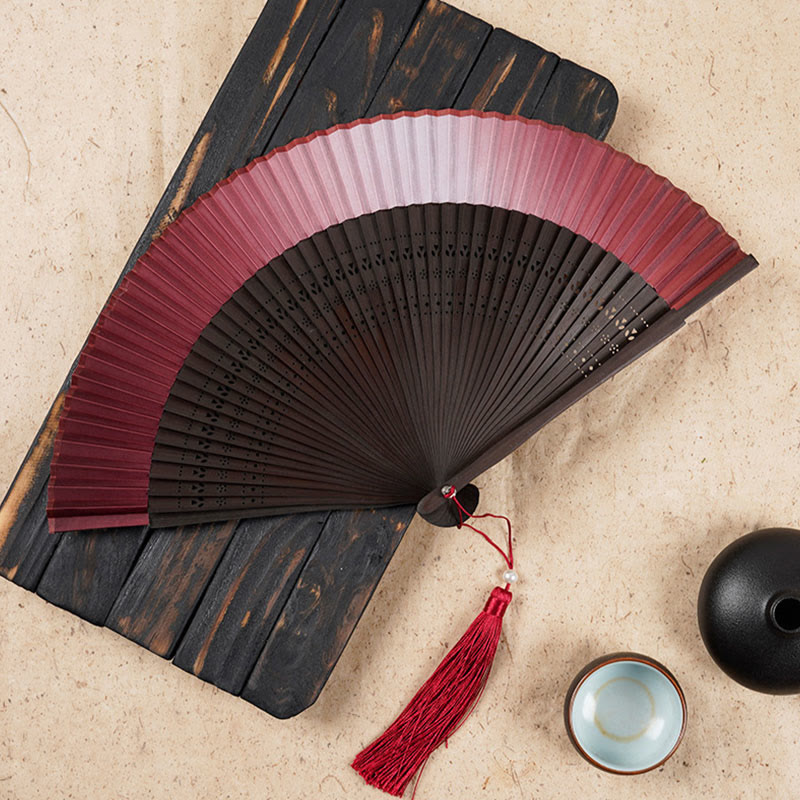 Buddha Stones Solid Color Gradient Hollow Engraved Handheld Bamboo Folding Fan