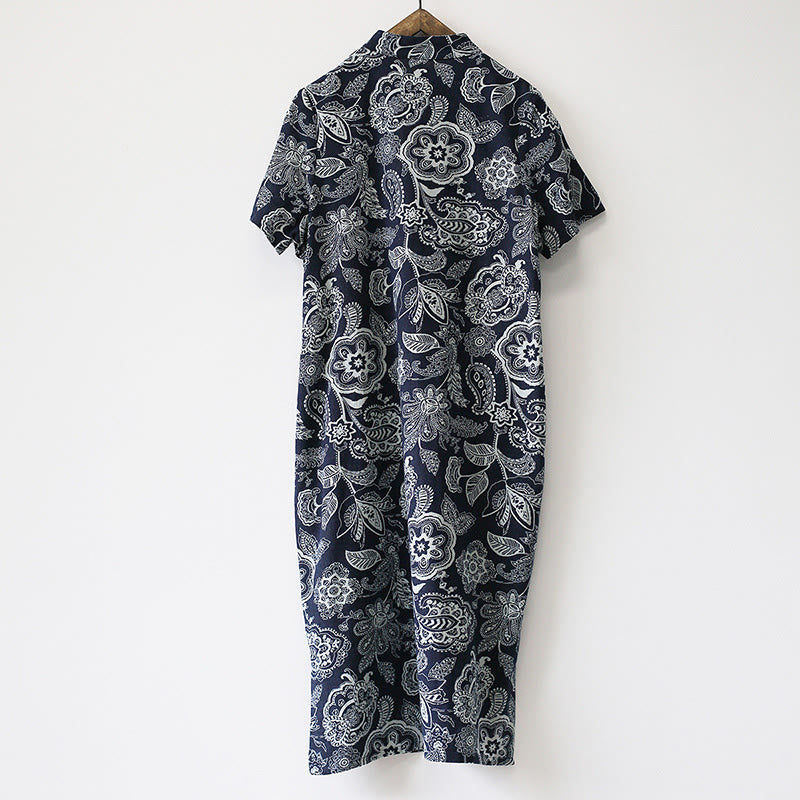 Buddha Stones Blue White Flower Frog-button Cheongsam Dresses Short Sleeve Linen Dresses With Pockets