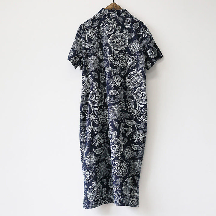 Buddha Stones Blue White Flower Frog-button Cheongsam Dresses Short Sleeve Linen Dresses With Pockets