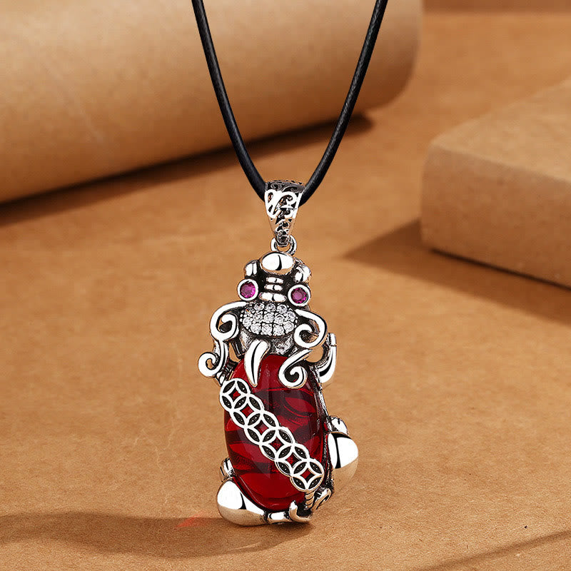 Buddha Stones PiXiu Garnet Copper Coin Wealth Luck Necklace Pendant - PiXiu&Leather Rope - image 6