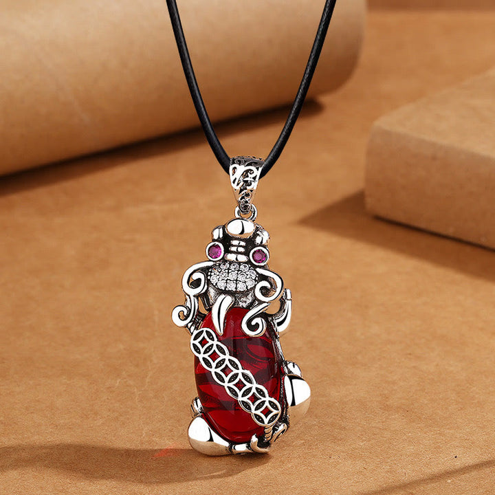 Buddha Stones PiXiu Garnet Copper Coin Wealth Luck Necklace Pendant - PiXiu&Leather Rope - image 6