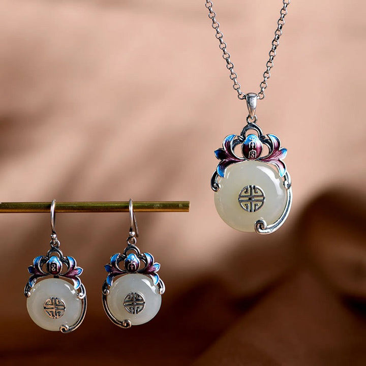 Buddha Stones 925 Sterling Silver Round Flower Hetian Jade Luck Necklace Pendant Earrings Set