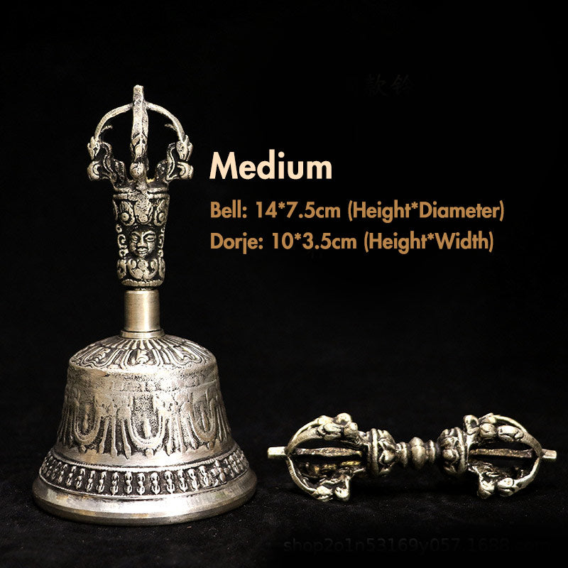 Buddha Stones Tibetan Meditation Bell and Vajra Dorje Copper Decoration Set - Silver - Bell 14*7.5 cm, Dorje 10*3.5 cm - image 5