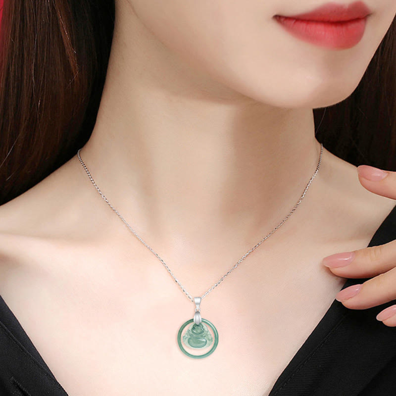Buddha Stones Natural Jade Round Laughing Buddha Abundance Titanium Steel Chain Necklace Pendant - image 7