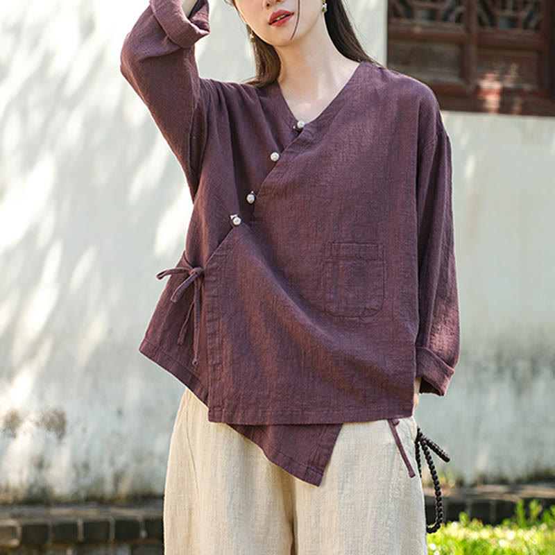 Buddha Stones Solid Color Ramie Linen Loose Blouse Long Sleeve Shirt Chinese Hanfu Top