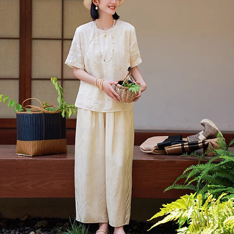 Buddha Stones Ramie Linen Loose Blouse Short Sleeve Shirt Chinese Style Top