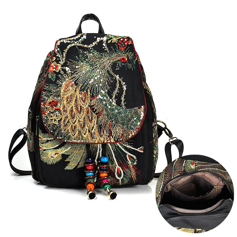 Peacock Embroidery Canvas Tassel Backpack