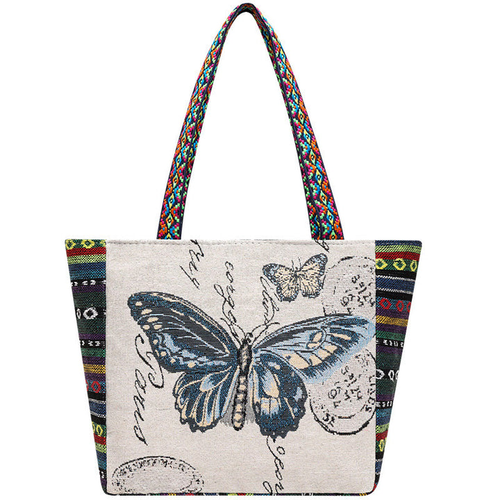 Elephant Butterfly Embroidered Large Capacity Canvas Tote Bag Shoulder Bag