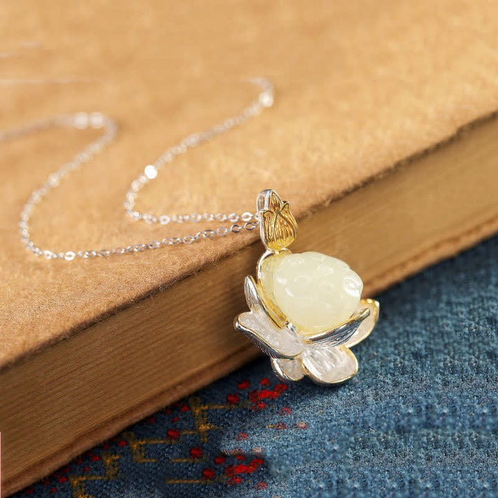 White Jade Lotus Flower Happiness Necklace - image 2
