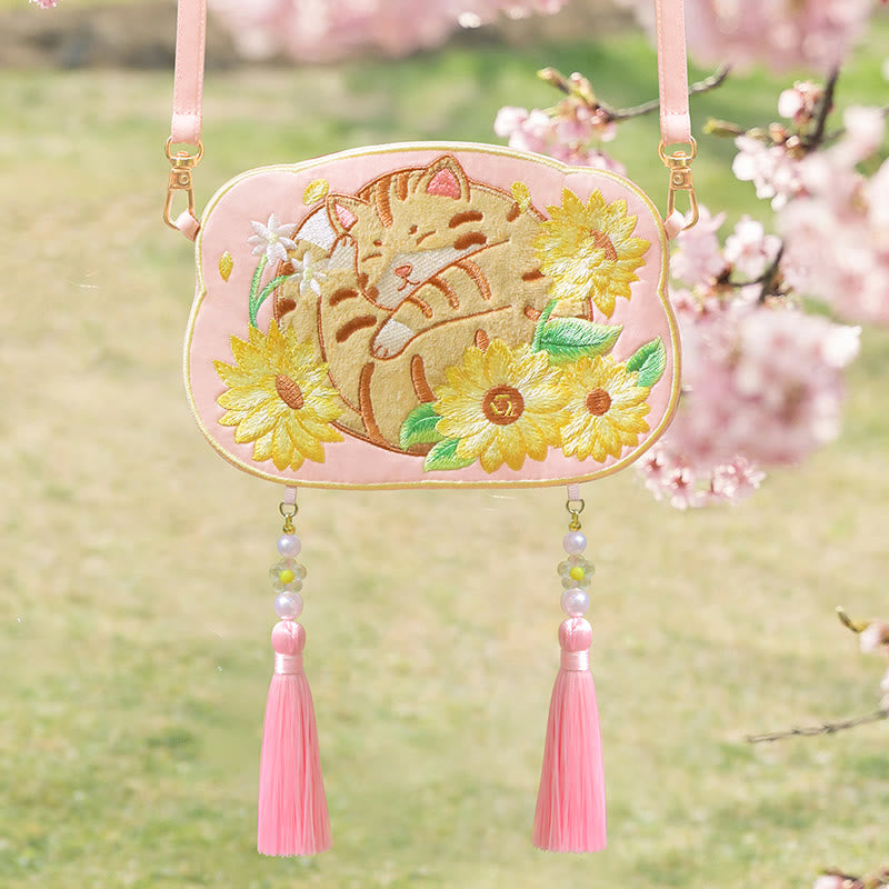 Buddha Stones Embroidery Lucky Panda Cat Shiba Inu Deer Rabbit Fox Flower Cute Animal Hanfu Bag Crossbody Bag Shoulder Bag