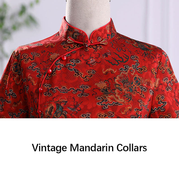 Buddha Stones Vintage Auspicious Clouds Leaf Print Cheongsam Dress Women's Qipao Dress