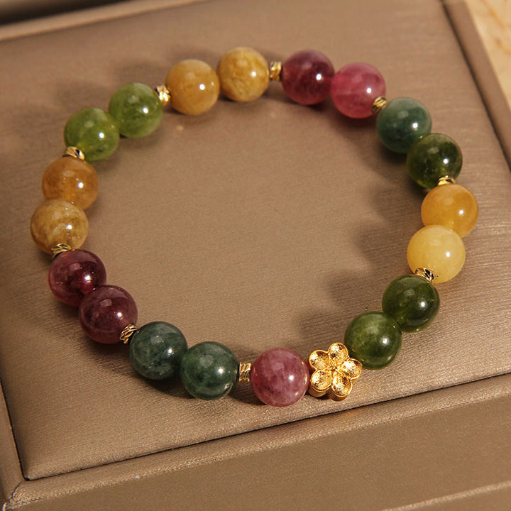 Buddha Stones Natural Colorful Tourmaline Golden Flower Positive Bracelet