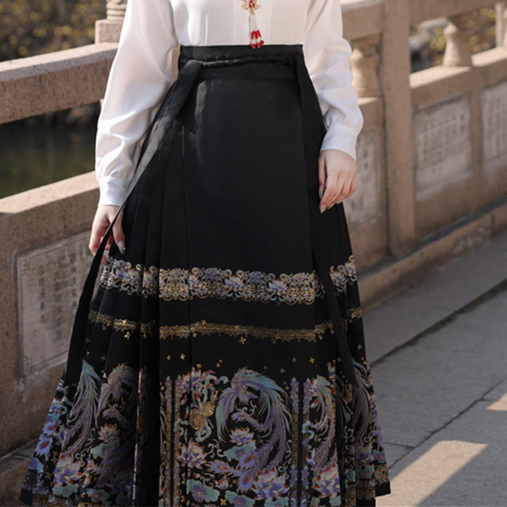 Buddha Stones Chinese Hanfu Phoenix Feathers Printed Horse Face Skirt Mamianqun