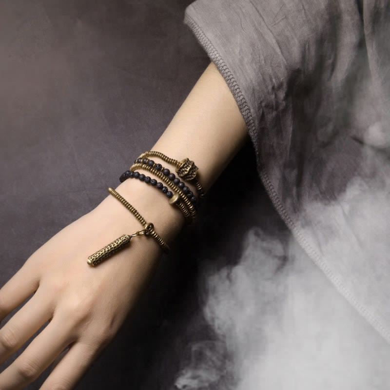 Buddha Stones Vintage Lava Rock Brass Copper Healing Multilayered Bracelet - image 3